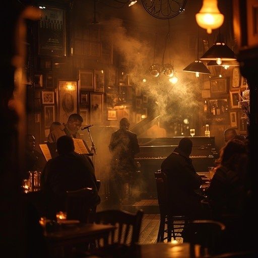 Rökig jazzklubb med pianist, musiker och sittande publik